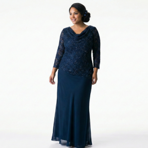 Vestido Azul Marinho com Corpete Degradê de Renda Bordada em Vidrilho