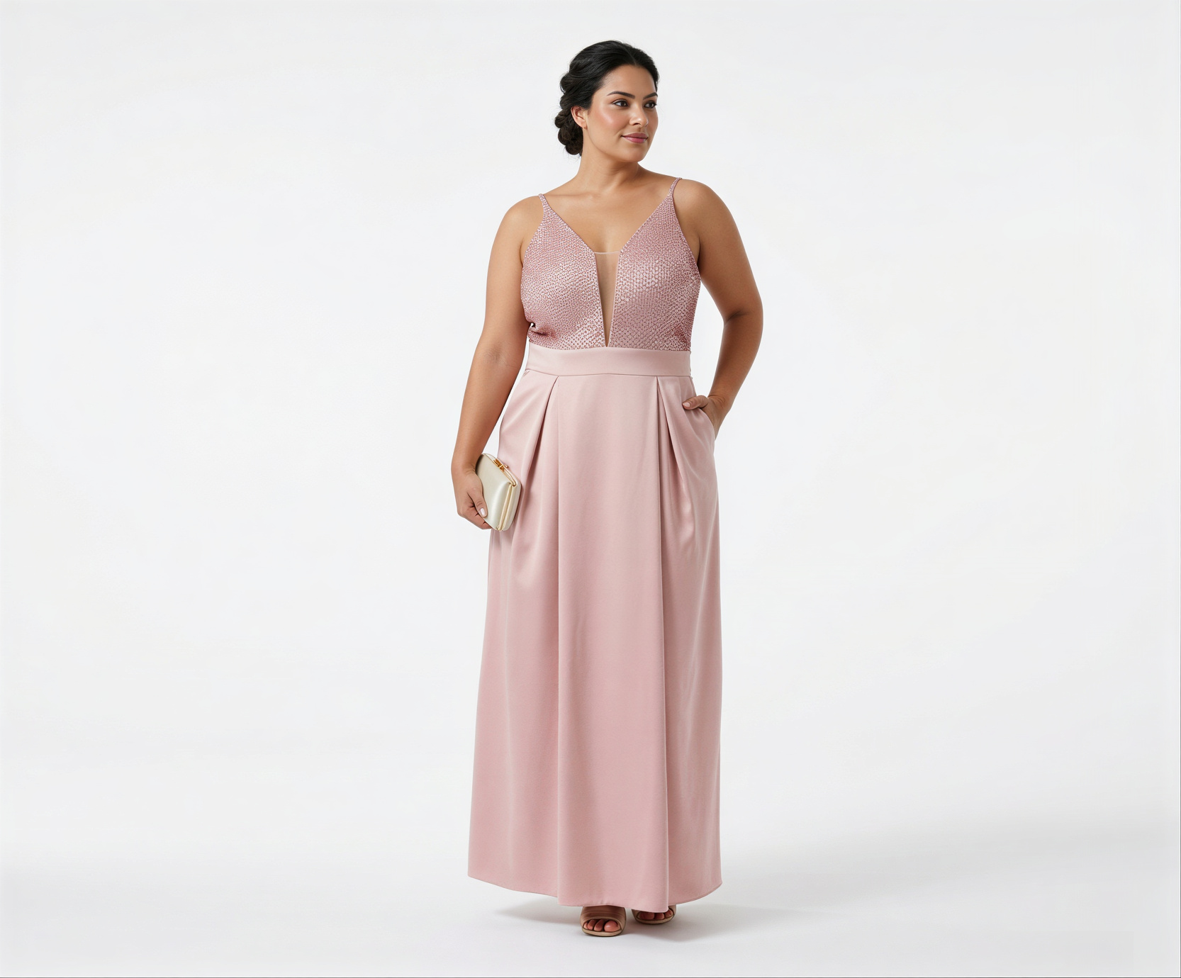 Vestido Rose em Alfaiataria Bordado no Corpete e Decote Profundo