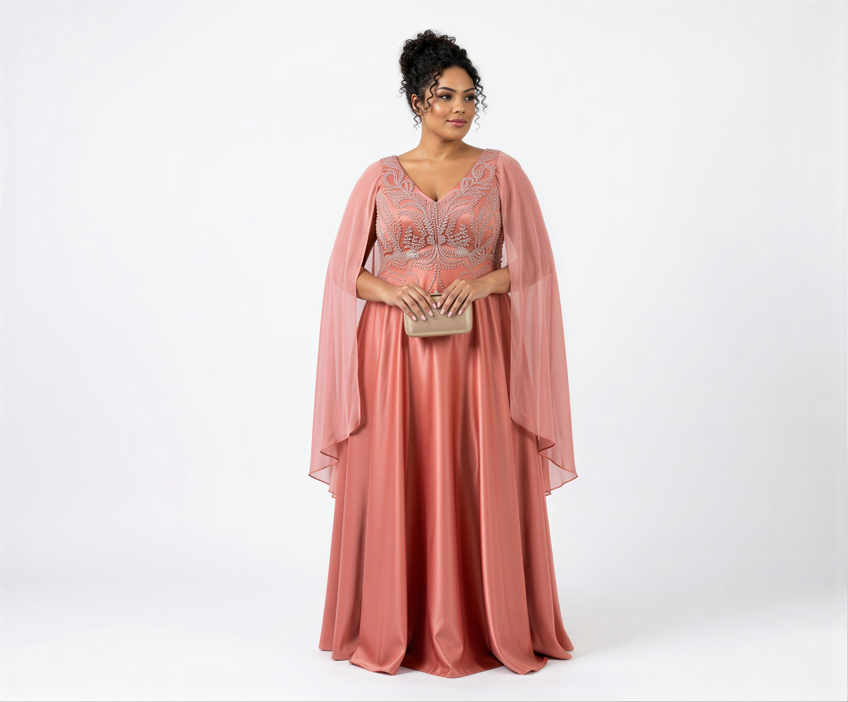 Vestido Rose Com Busto Bordado e Capa