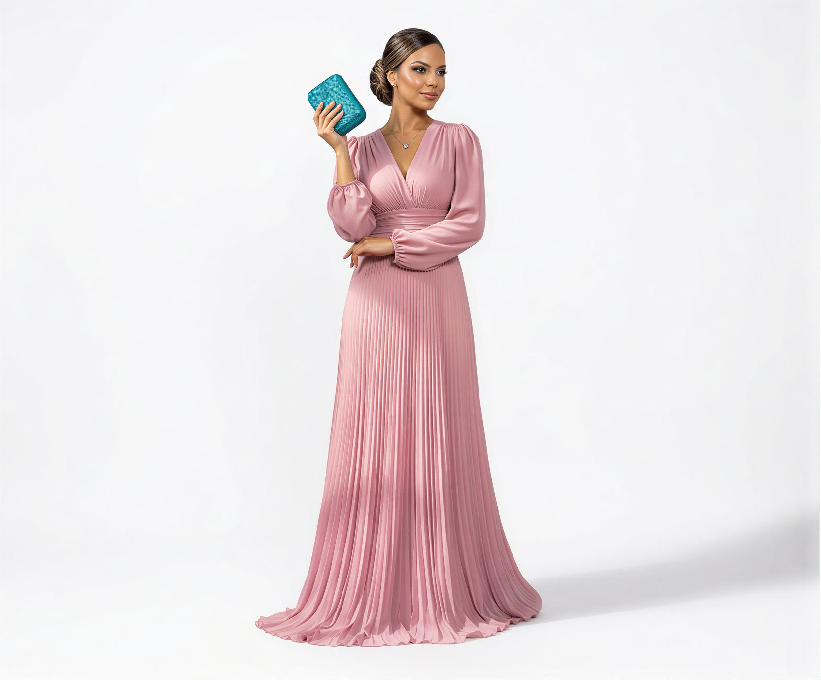 Vestido Rose com Mangas Bufantes e Saia Plisada