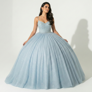 Vestido 2 em 1  Princesa Azul Céu com Tule e Corpete Bordado