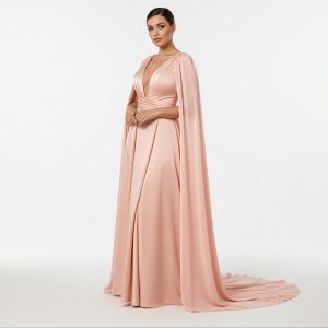 Vestido Rose com Decote Profundo e Manga Longa de Lenço