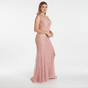 Vestido Rose Rendado com Fenda