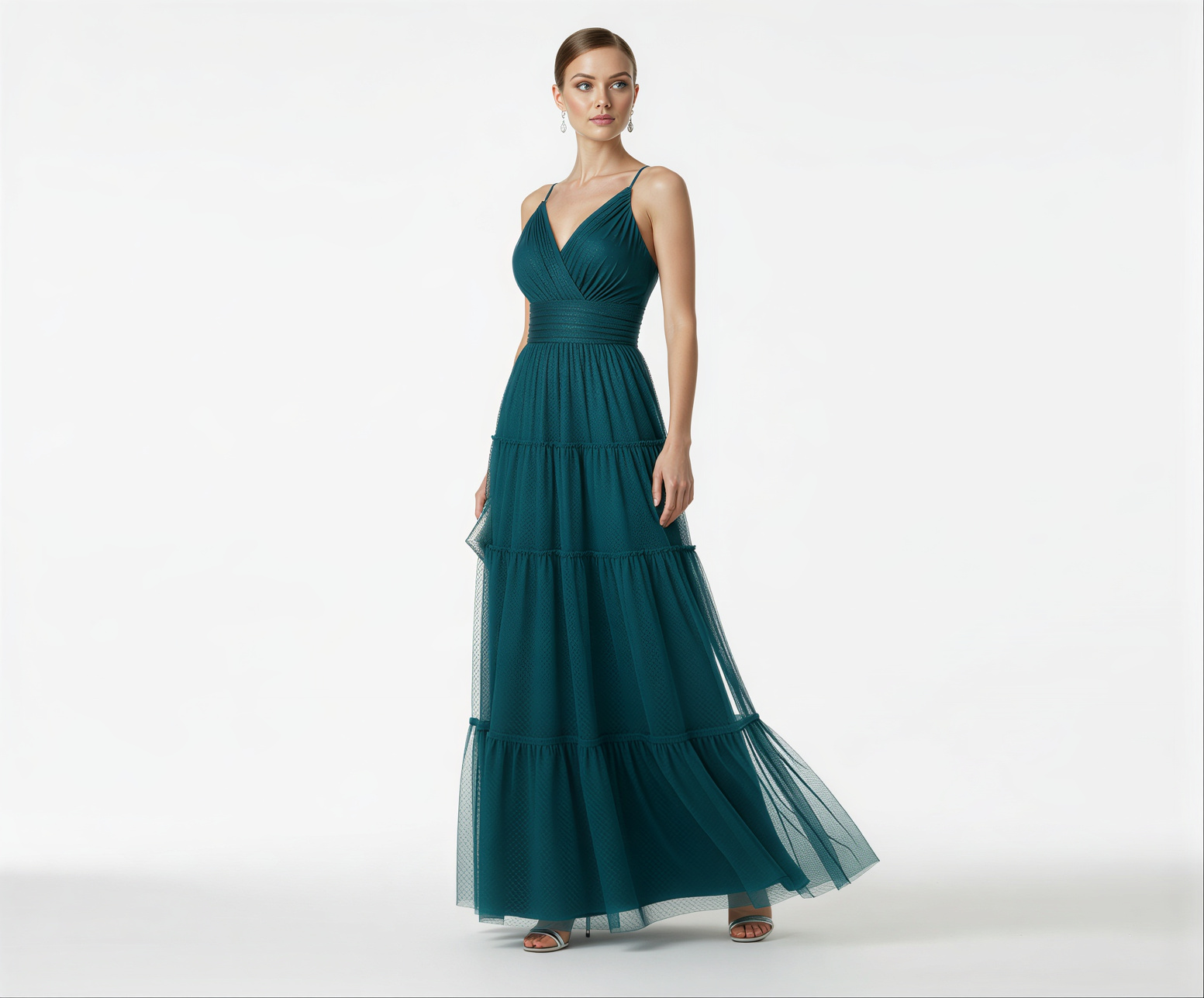 Vestido Gliterizado Verde Petróleo com Decote em V e Saia em Camadas