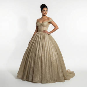 Vestido Dourado Estilo Princesa com Corpete Estruturado