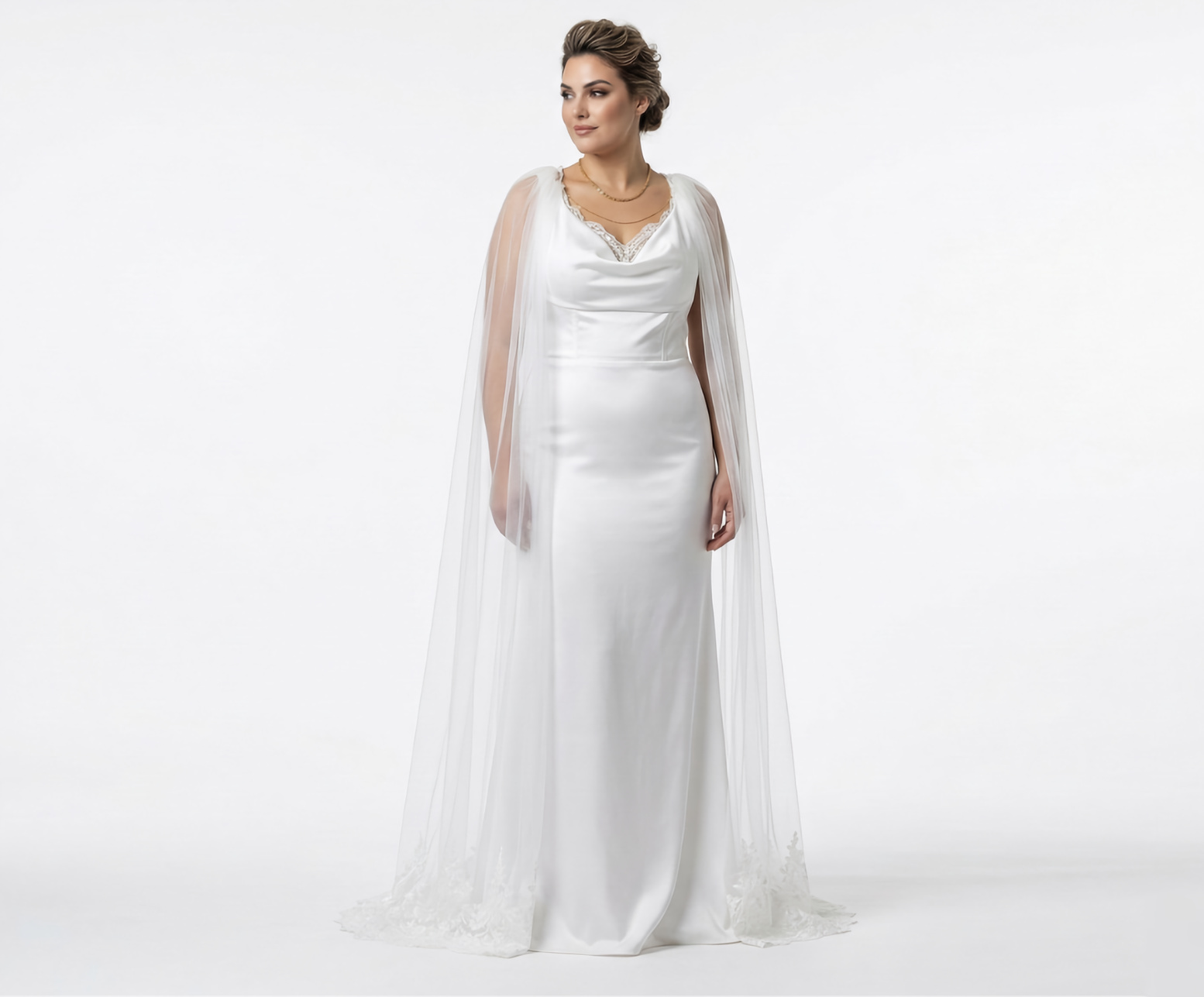 Vestido de Noiva em Tule com Bordados Delicados, Decote Redondo, Mangas Transparentes e Saia Ampla Fluida