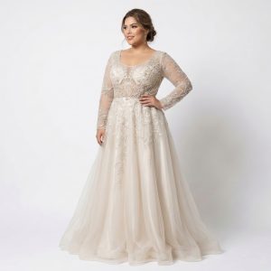 Vestido de Noiva em Tule com Bordados Delicados, Decote Redondo, Mangas Longas Transparentes e Saia Ampla Fluida