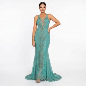 Vestido Longo Sereia Bordado Manualmente Sob a Renda