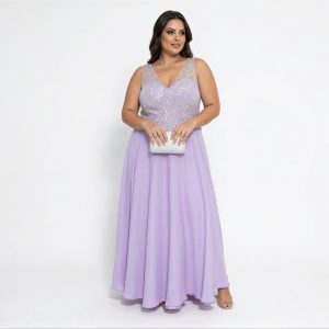 Vestido Lavanda com Corpete Bordado e Brilhante