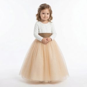 Vestido Para Daminha Off White Com Faixa e Saia Dourada