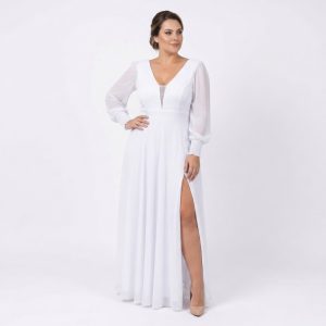 Vestido Longo Branco com Mangas Transparentes