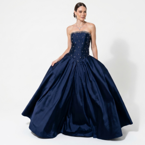 Vestido Azul Marinho Tomara Que Caia Com Corselet Bordado Em Pedrarias
