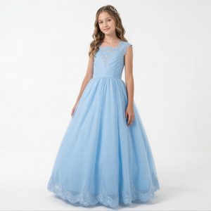 Vestido Para Daminha Azul Serenity Com Corpo Trabalhado