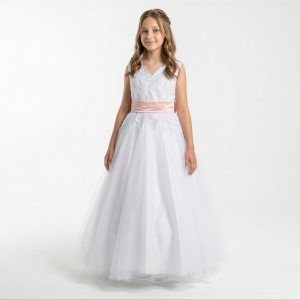 Vestido Para Daminha Off White Com Corpo Em Renda e Faixa Rosa