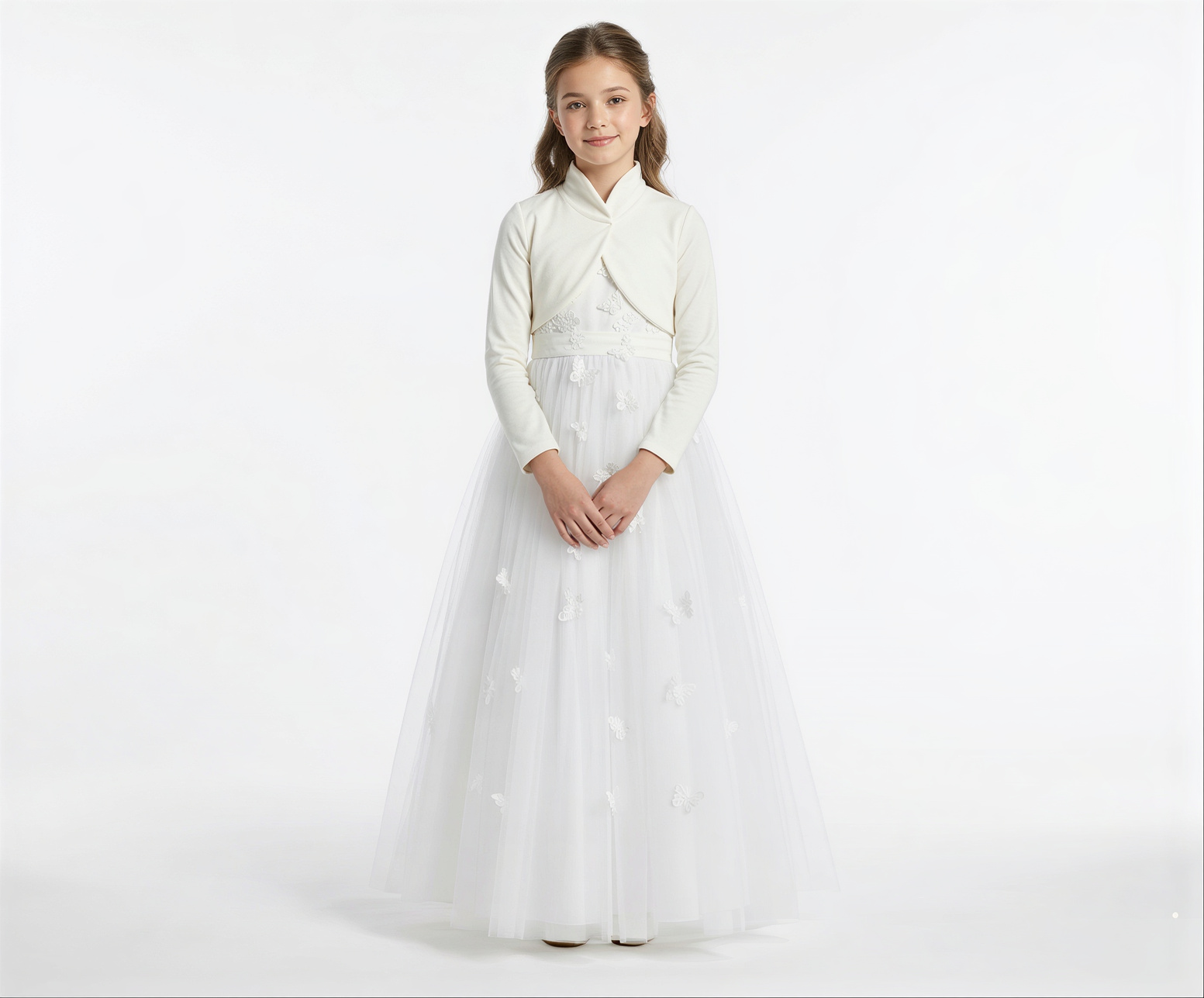 Vestido Para Daminha Off White Com Manga Longa