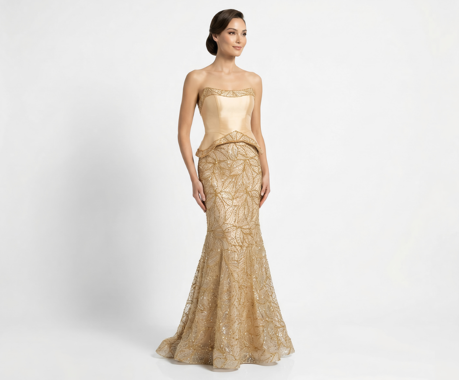 Conjunto Corset Estruturado Tomara Que Caia Com Saia Longa Sereia, Bordada Em Dourado