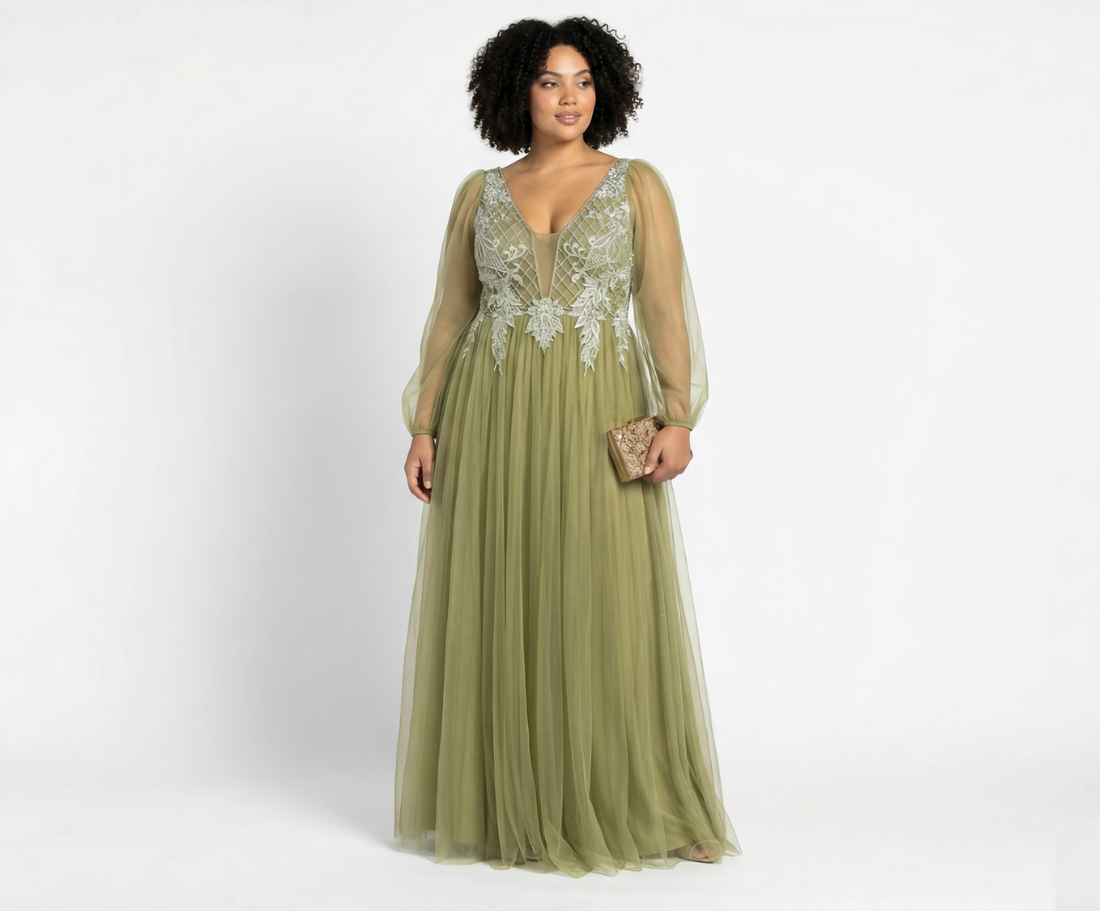 Vestido Oliva Em Tule Com Mangas e Bordado Floral No Corpete