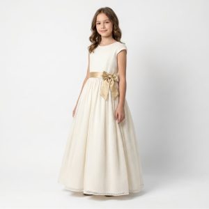 Vestido de Daminha Off White com Faixa de Cetim e Saia em Tule