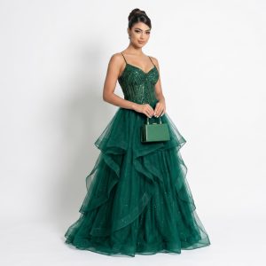 Vestido Verde Esmeralda Em Tule Com Corpete Estruturado e Bordados Geométricos Em Pedraria,