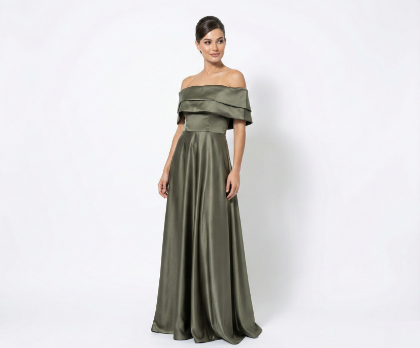 Vestido Longo, Verde Oliva, com Pala