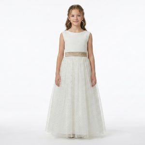 Vestido Off White De Daminha Em Tule Com Corpo com Faixa