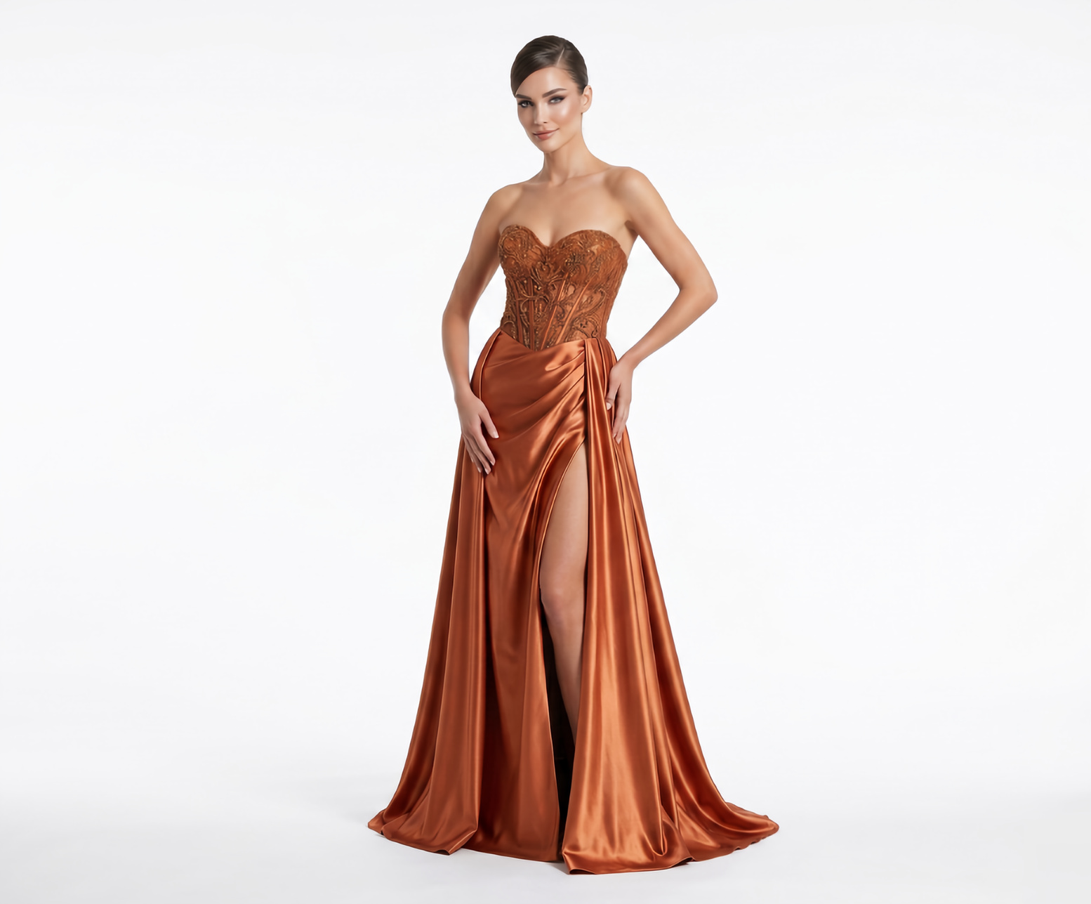 Vestido Terracota Com Corpo Estruturado Bordado, Decote Coração Tomara Que Caia